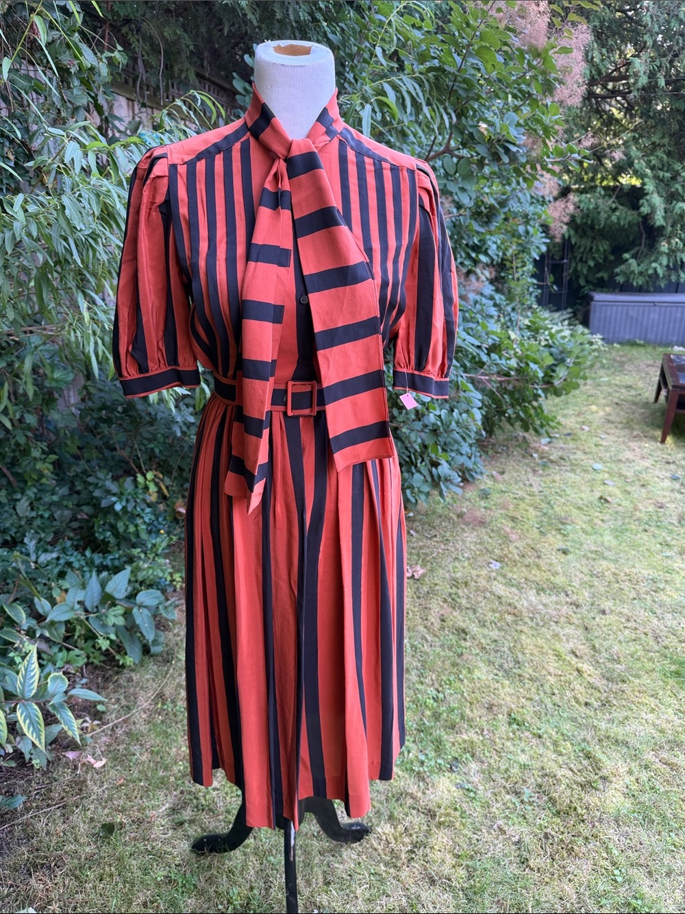 80’s Silk Striped Tie-Neck Midi Dress - Rust & Black